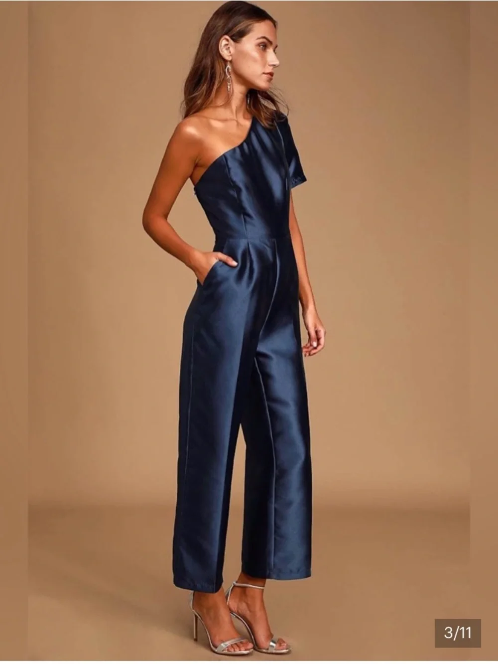 One-Shoulder Navy Satin Jumpsuit XS - Picture 2 of 5